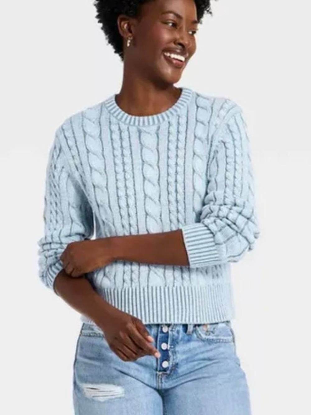 100% Cotton Light Blue Cable Knit Crewneck Sweater